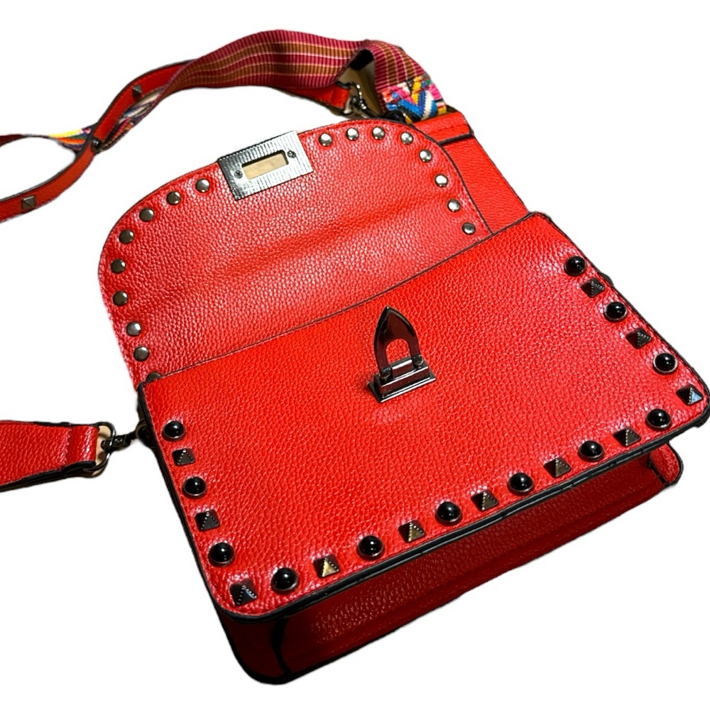 Vegan Leather Studded Crossbody Vibrant Coral shade with 2 Straps - Picture 5 of 8